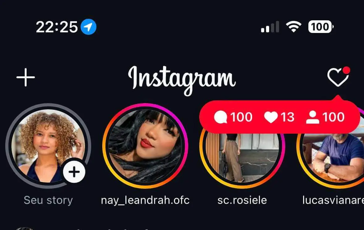 Notificações do Instagram com 100 novos seguidores